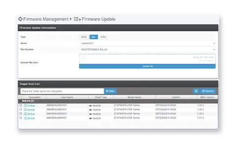 The software management interface includes a table for firmware management updates and control.