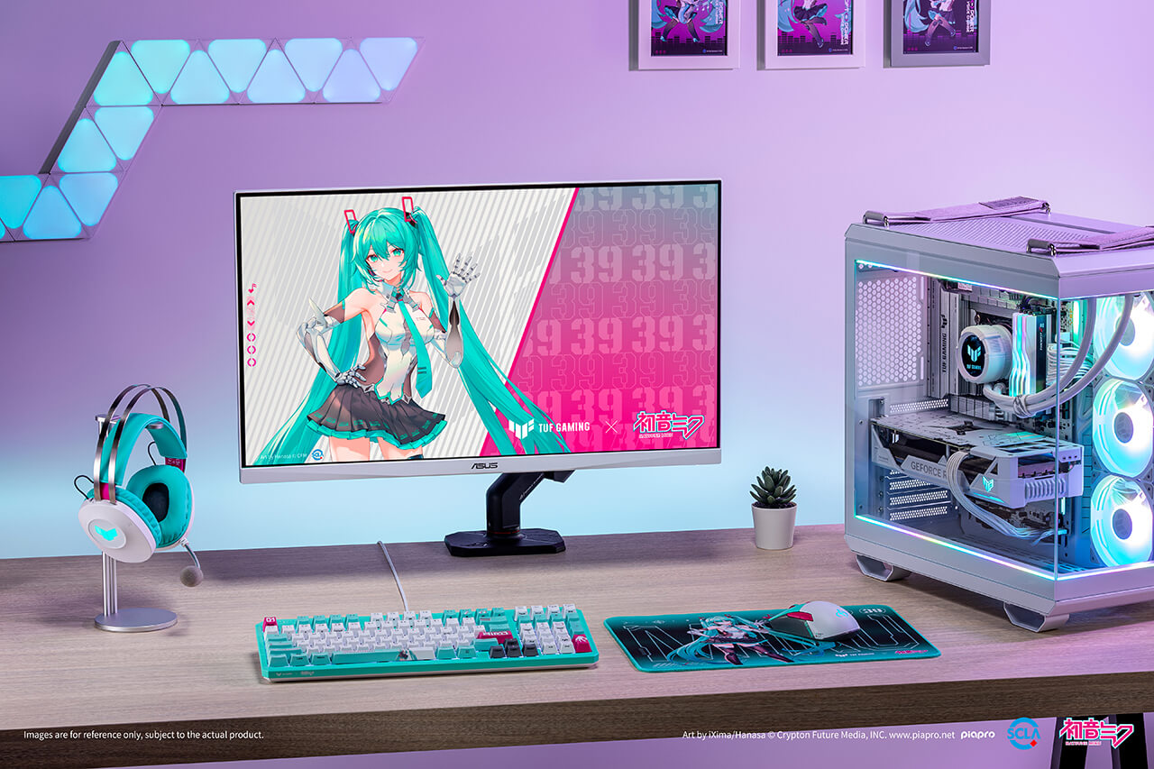 初音未來遊戲周邊裝置，包含 TUF Gaming H1 Gen II 耳機、K3 Gen II 鍵盤、Mini Wireless Mouse 無線滑鼠及 P1 滑鼠墊。