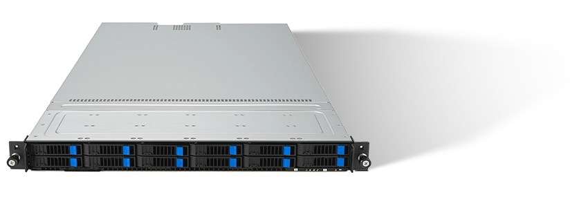 Front view of a 1U rackmount server with multiple drive bays and blue latch indicators