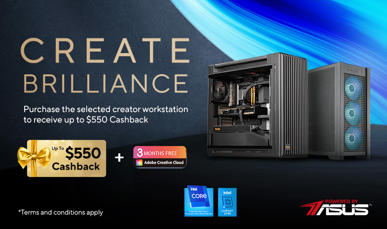 Purchase any of the selected creator workstation to get up to $550 E-Gift card, and redeem a free 3 Month Adobe Creative Cloud Plan