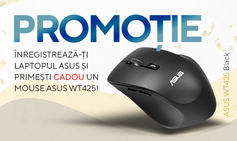 Înregistrează-ți laptopul ASUS și primești CADOU un mouse optic wireless ASUS WT425!
