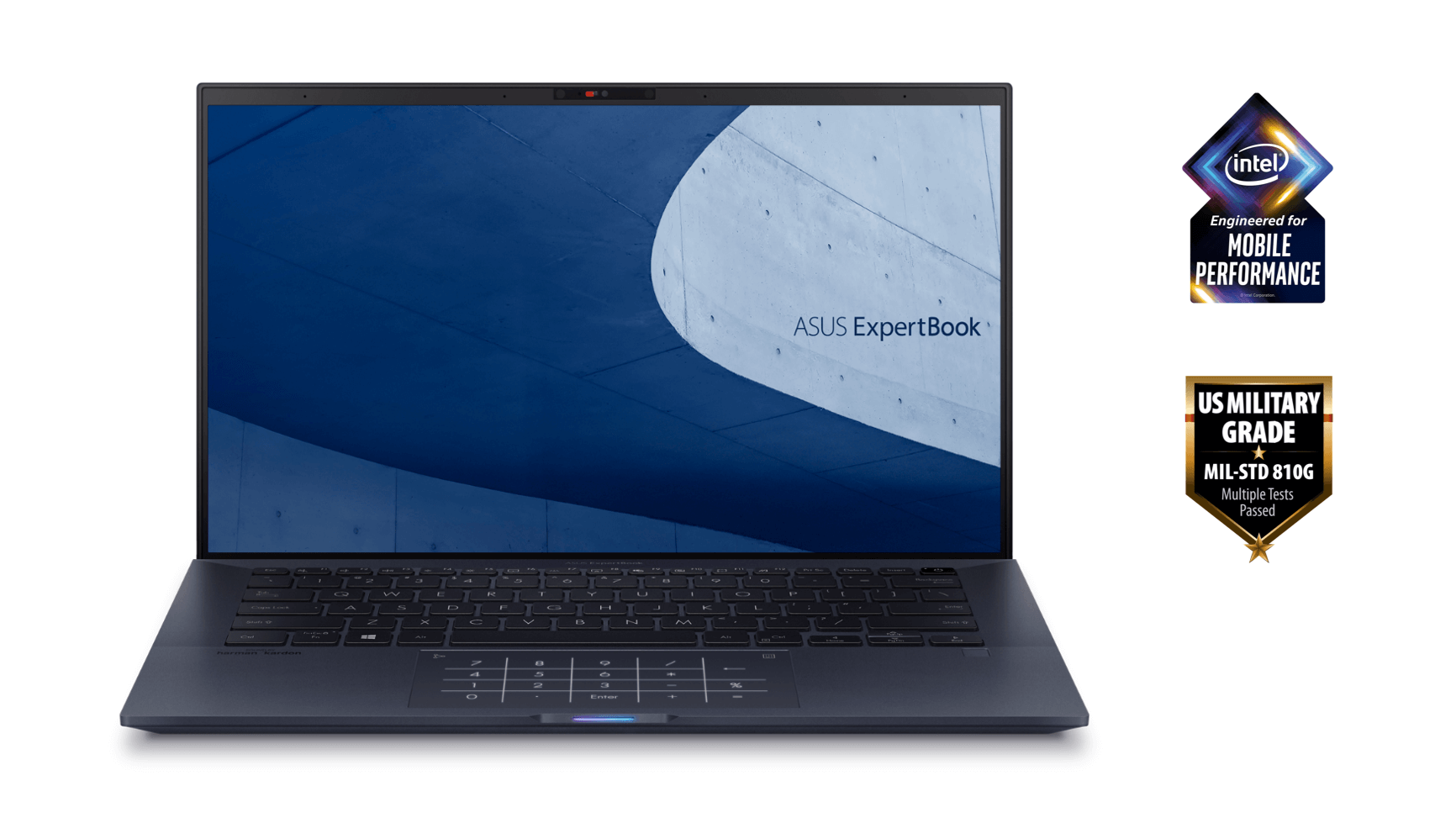 ASUS ExpertBook B9450 Laptop with Intel engineered for mobile performance badge and US Military grade badge