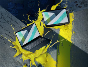 ASUS VivoBook Flip 14 (TM420) Laptop on yellow paint splatter background