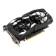 Dual GeForce GTX 1650 OC edition graphics card, front angled view, highlighting the fans, I/O ports