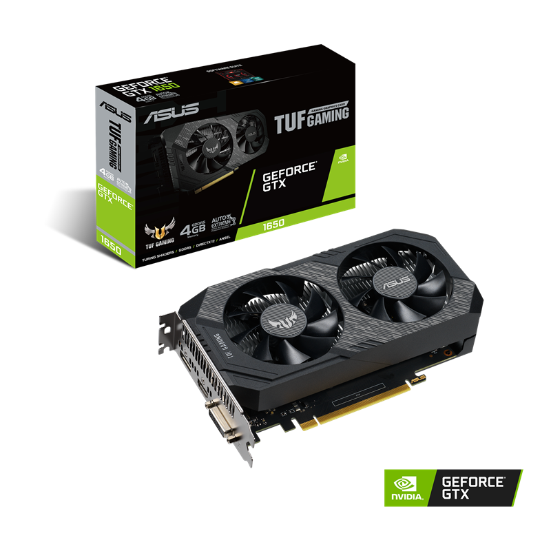 ASUS TUF Gaming GeForce GTX 1650 4GB GDDR5 Packaging and graphics card with NVIDIA logo