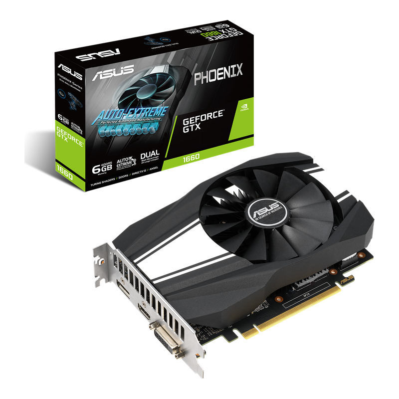 ASUS Phoenix GeForce GTX 1660 6GB GDDR5 packaging and graphics card