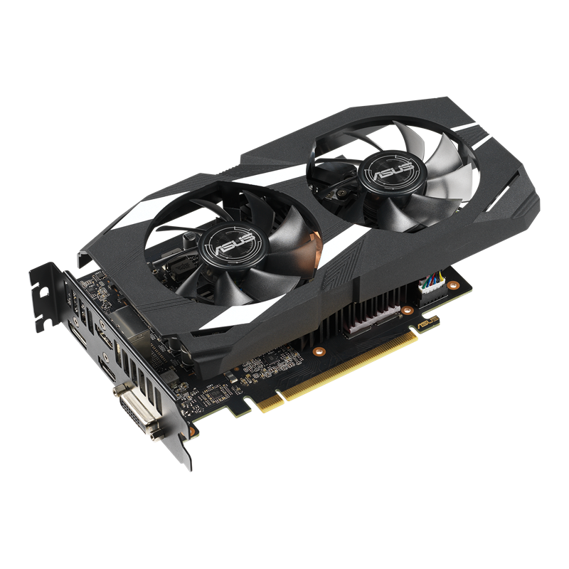 Dual GeForce GTX 1660 Ti OC edition graphics card, front angled view, highlighting the fans, I/O ports