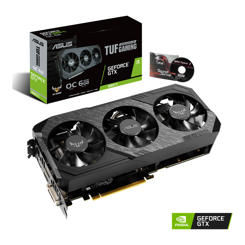 ASUS TUF Gaming X3 GeForce GTX 1660 Ti OC edition 6GB GDDR6 Packaging and graphics card with NVIDIA logo