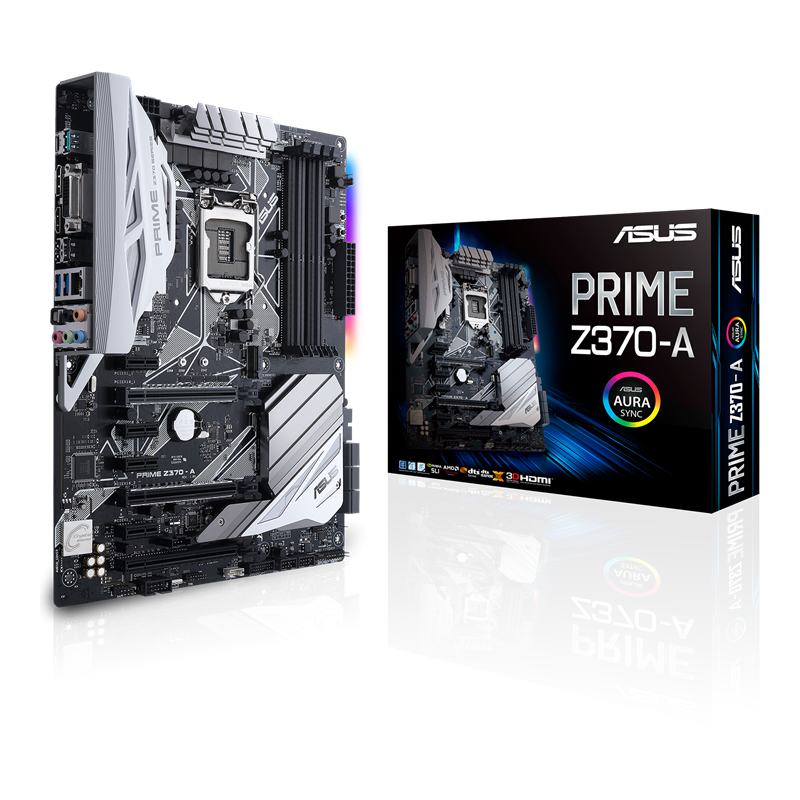 PRIME Z370-A front view, 45 degrees, with color box, with Aura logo