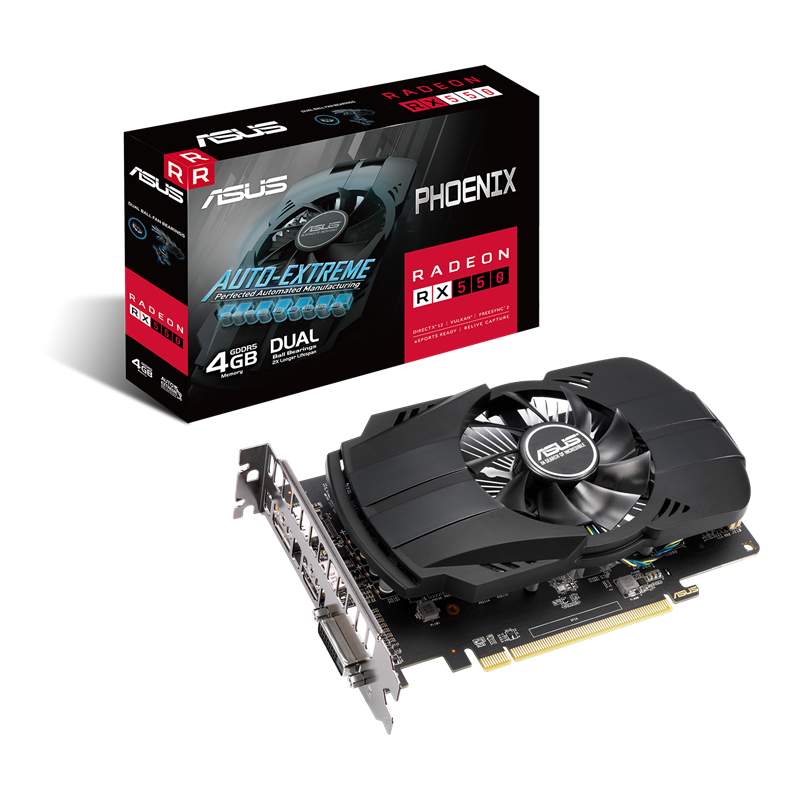 ASUS Phoenix Radeon™ RX 550 packaging and graphics card with AMD logo