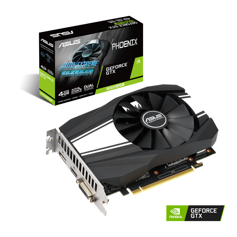 ASUS Phoenix GeForce GTX 1650 SUPER 4GB GDDR6 packaging and graphics card with NVIDIA logo