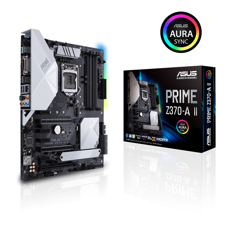 PRIME Z370-A II front view, 45 degrees, with color box, with Aura logo