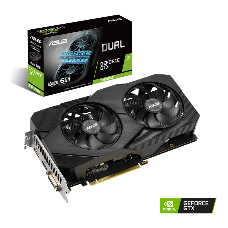 Dual GeForce GTX 1660 SUPER 6GB Advanced Edition GDDR6 EVO packaging and graphics card with NVIDIA logo