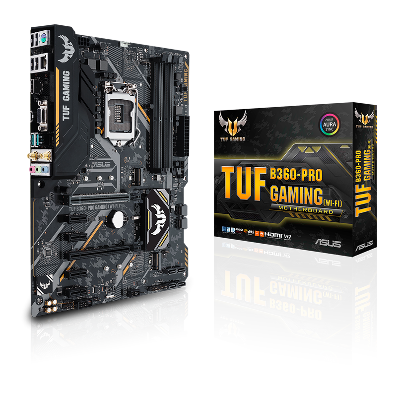 TUF B360-PRO GAMING (WI-FI) front view, 45 degrees, with color box