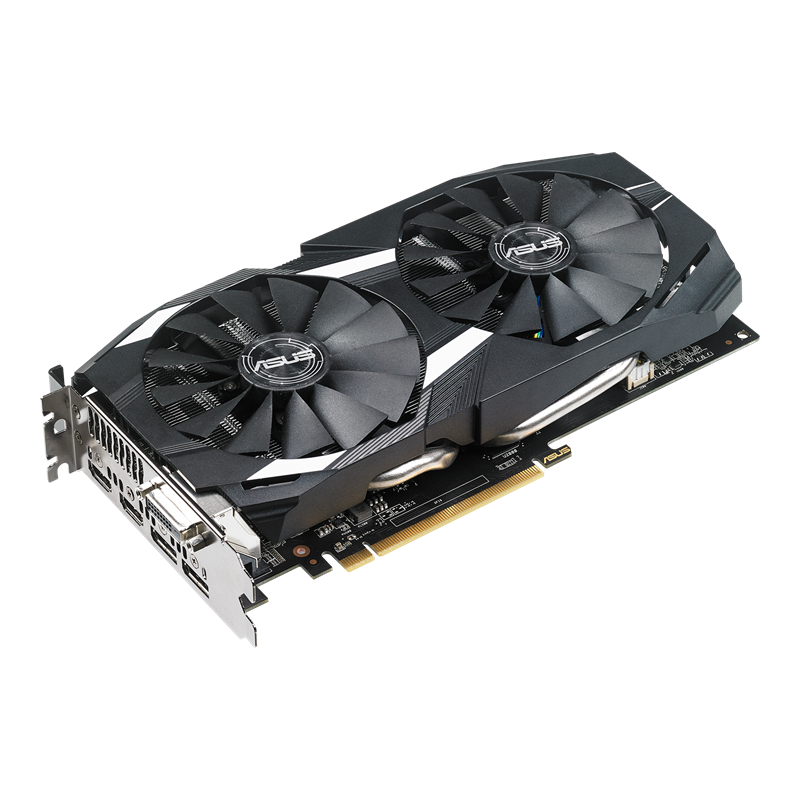 AMD Radeon RX 580 graphics card, front angled view, highlighting the fans, I/O ports