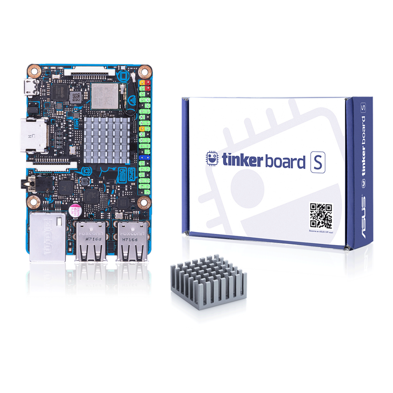 Tinker Board S front view with box and heatsink