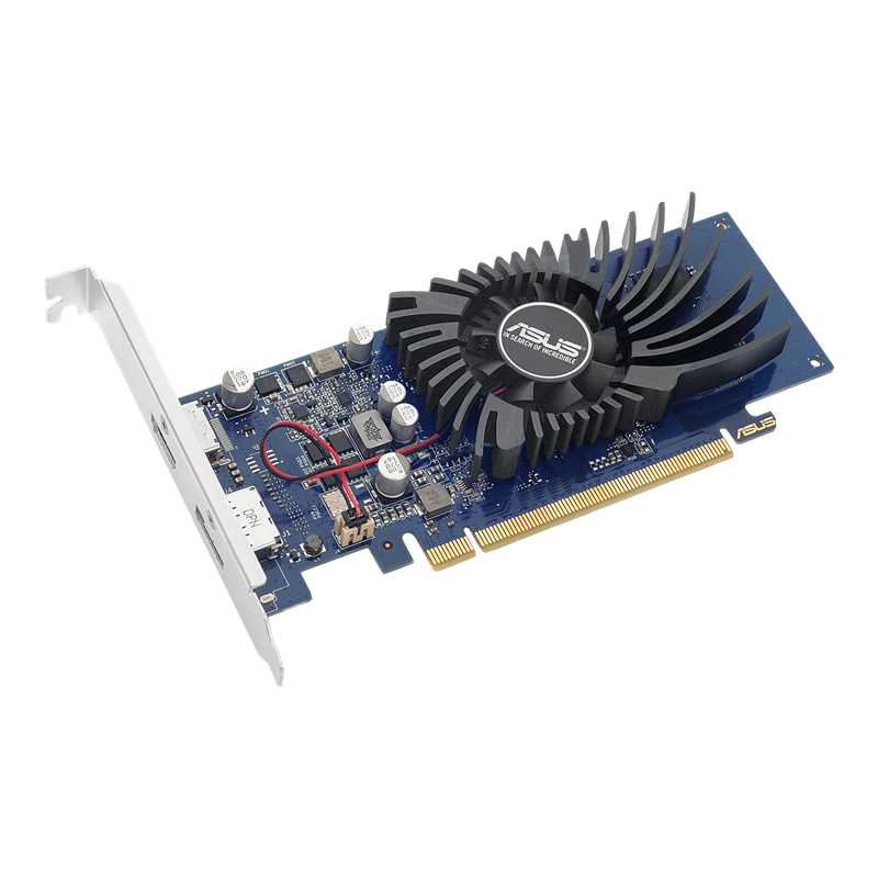 ASUS GeForce GT 1030 2GB GDDR5 graphics card, front angled view