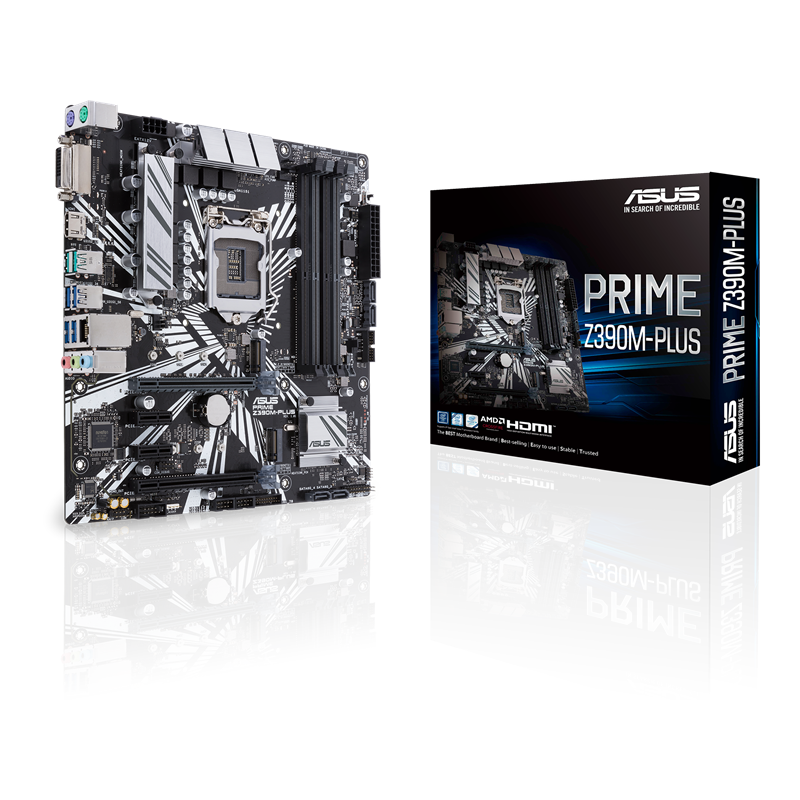 PRIME Z390M-PLUS front view, 45 degrees, with color box