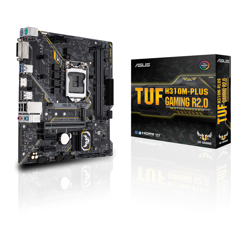 TUF H310M-PLUS GAMING R2.0 front view, 45 degrees, with color box