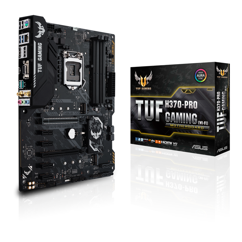 TUF H370-PRO GAMING (WI-FI) front view, 45 degrees, with color box