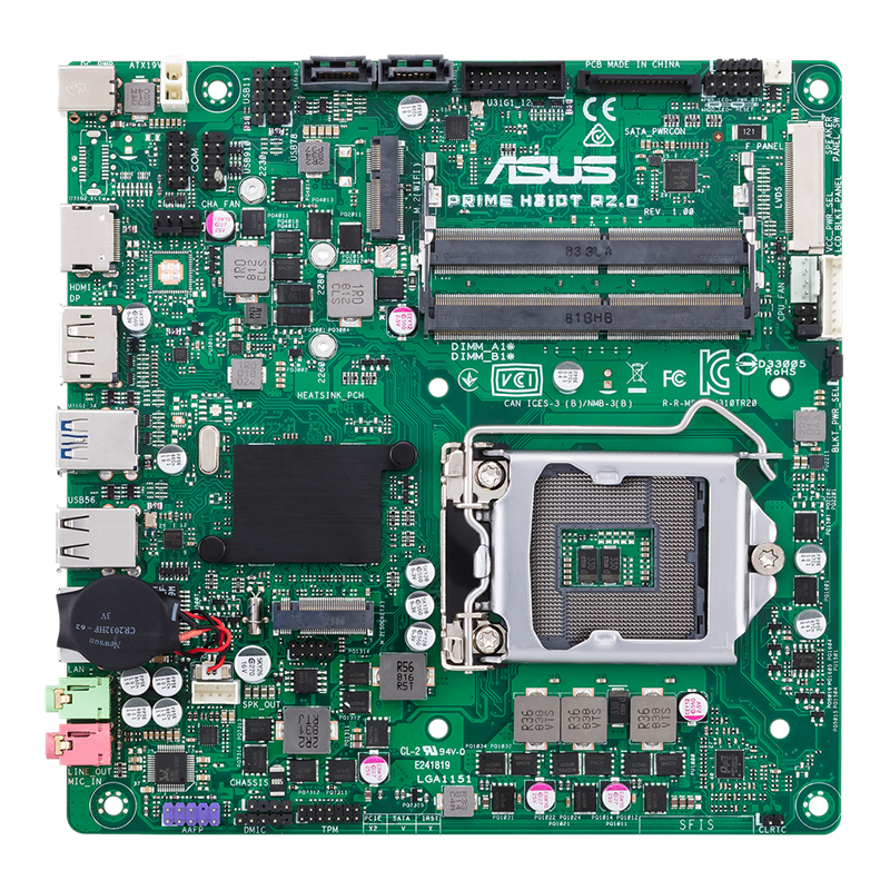 PRIME H310T R2.0 motherboard, front view 