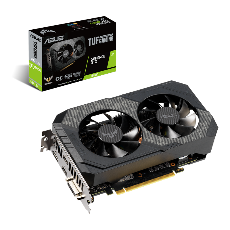 ASUS TUF Gaming GeForce GTX 1660 Ti OC edition 6GB GDDR6 Packaging and graphics card