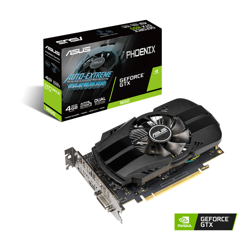 ASUS Phoenix GeForce GTX 1650 4GB GDDR5 packaging and graphics card with NVIDIA logo