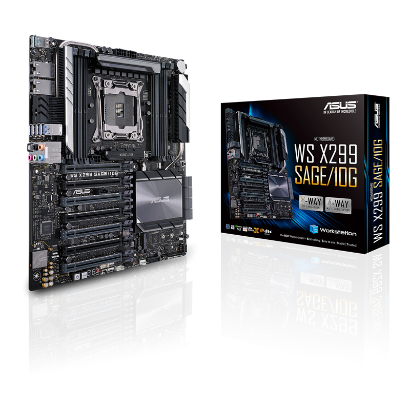 WS X299 SAGE/10G motherboard, packaging and motherboard
