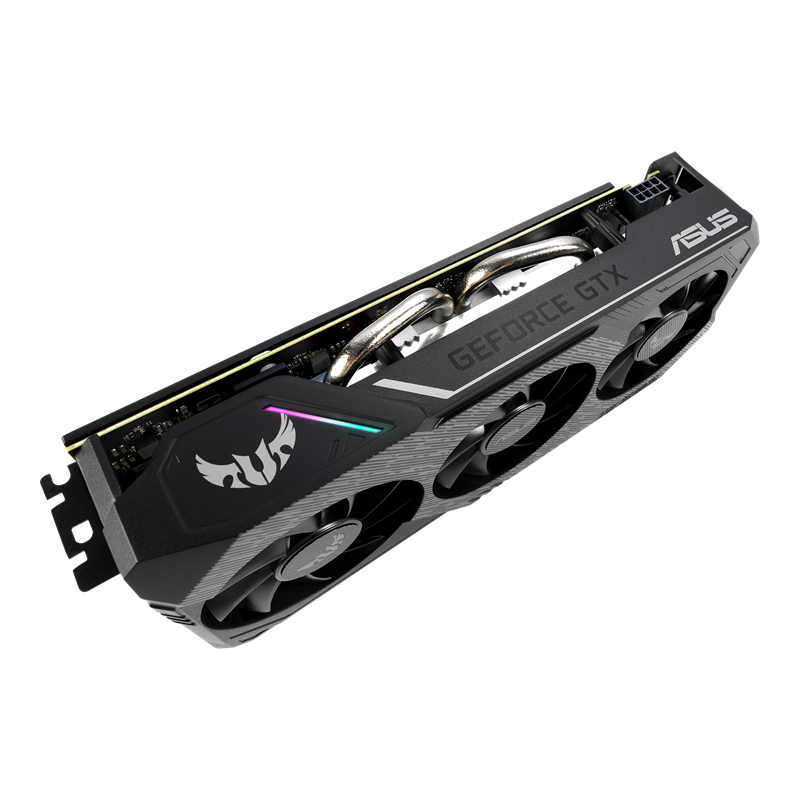 ASUS TUF Gaming X3 GeForce GTX 1660 Ti Advanced edition 6GB GDDR6 graphics card, top view, showcasing the heatsink