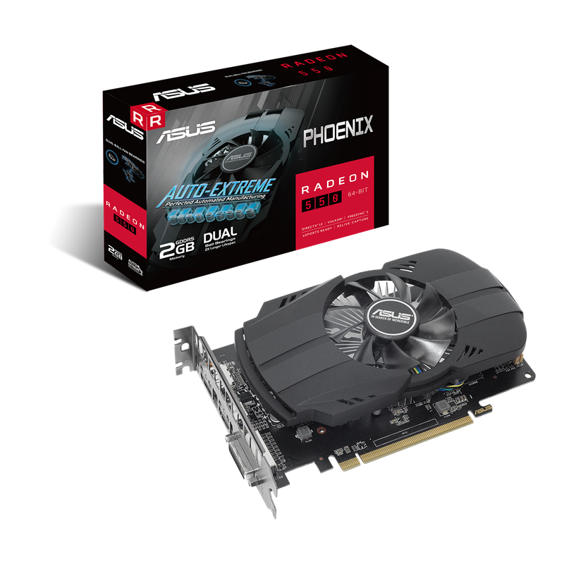 ASUS Phoenix Radeon 550 packaging and graphics card with AMD logo
