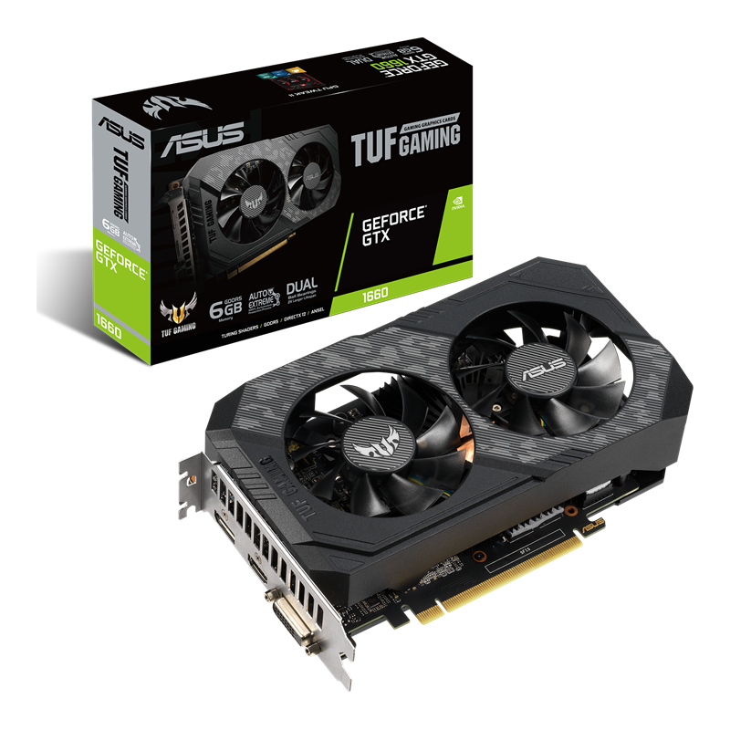 ASUS TUF Gaming GeForce GTX 1660 6GB GDDR5 Packaging and graphics card