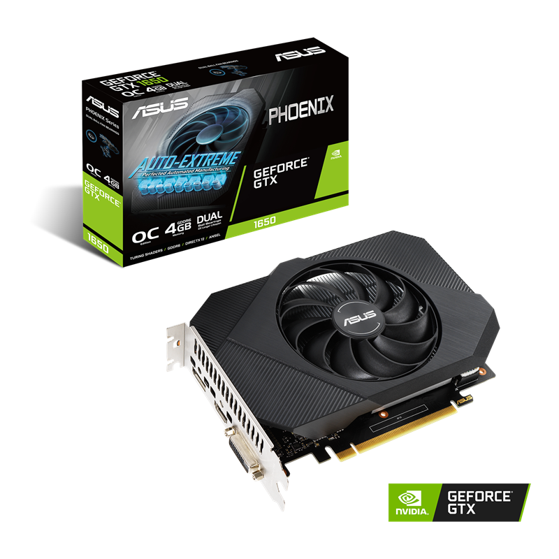 ASUS Phoenix GeForce GTX 1650 OC edition 4GB GDDR6 Packaging and graphics card with NVIDIA logo