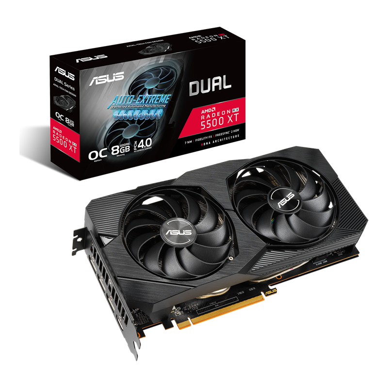 ASUS Dual Radeon™ RX 5500 XT EVO packaging and graphics card with AMD logo