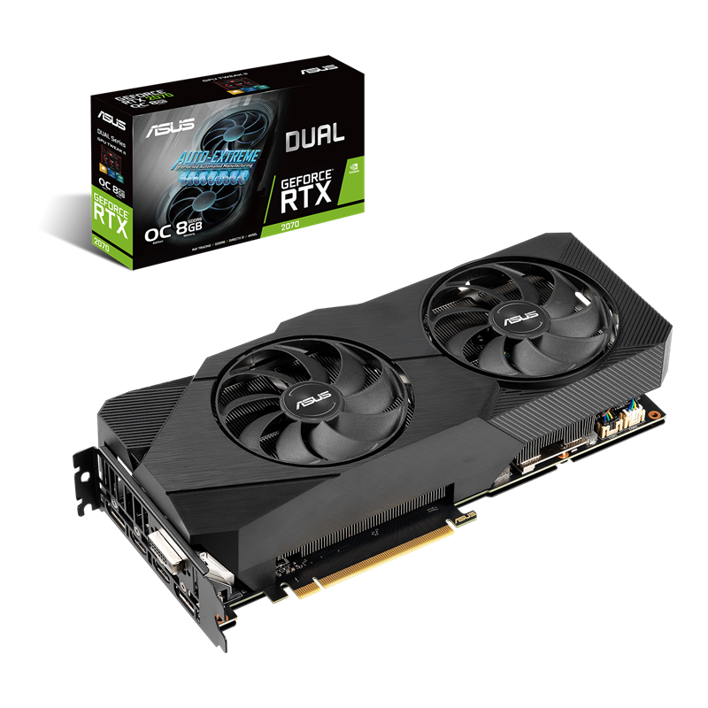 Dual series of GeForce RTX 2070 EVO packaging and graphics card