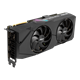 Dual GeForce RTX 2080 SUPER EVO graphics card, angled top down view, highlighting the fans, I/O ports