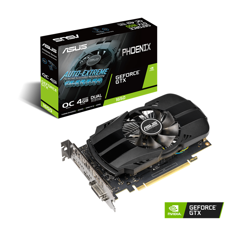 ASUS Phoenix GeForce GTX 1650 OC edition 4GB GDDR5 packaging and graphics card with NVIDIA logo