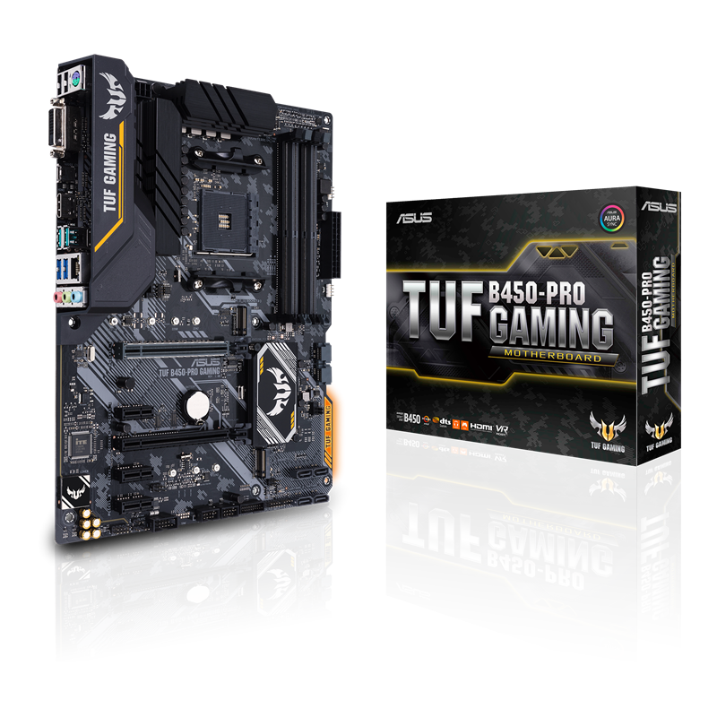TUF B450-PRO GAMING front view, 45 degrees, with color box