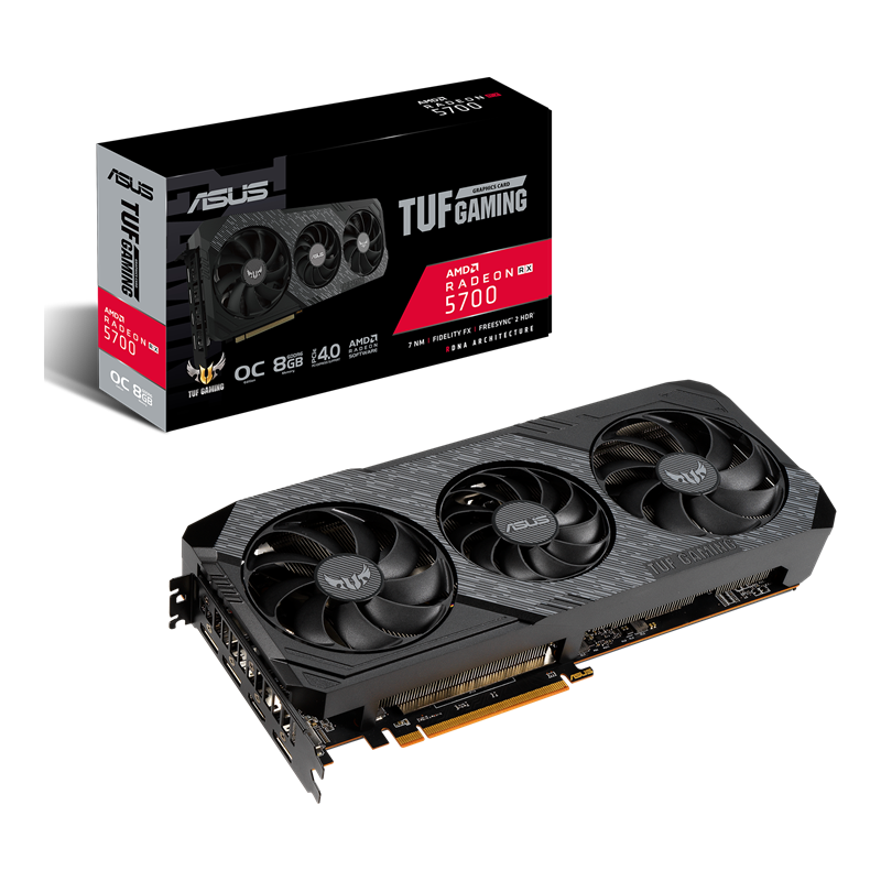 ASUS TUF Gaming X3 Radeon RX 5700 EVO packaging and graphics card with AMD logo