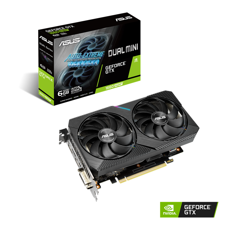 ASUS Dual GeForce GTX 1660 SUPER MINI 6GB GDDR6 packaging and graphics card with NVIDIA logo