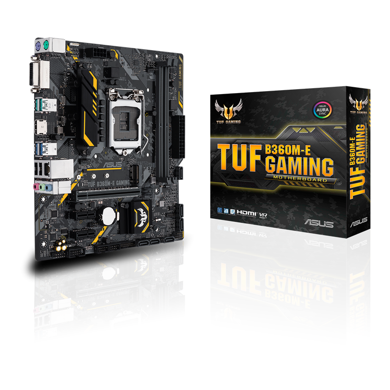 TUF B360M-E GAMING front view, 45 degrees, with color box