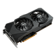 ASUS Dual Radeon™ RX 5700 EVO OC graphics card, front angled view, highlighting the fans, I/O ports