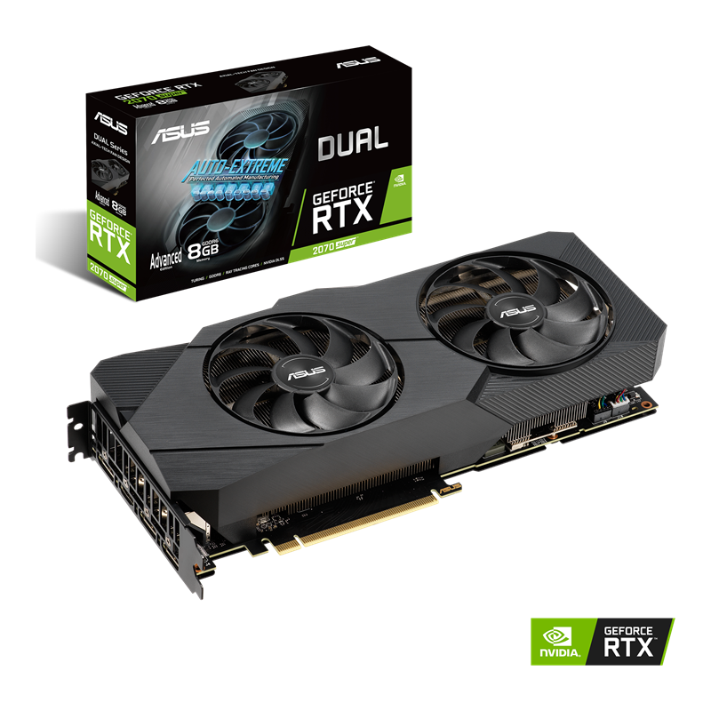 Dual series of GeForce RTX 2070 SUPER EVO Advanced edition packaging and graphics card with NVIDIA logo