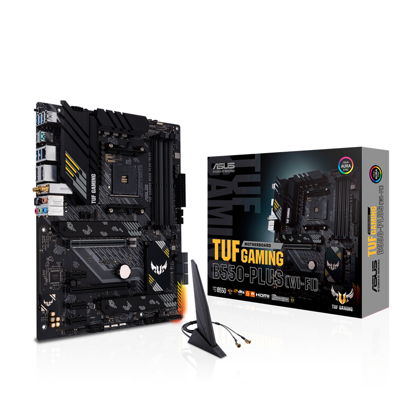 TUF GAMING B550-PLUS (WI-FI) front view, 45 degrees, with WiFi antenna and color box
