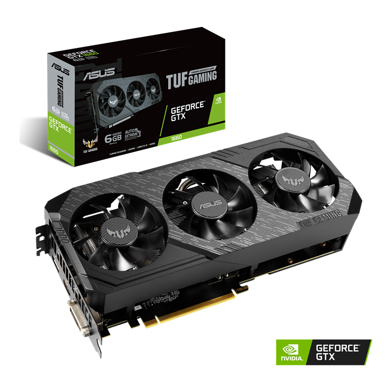 ASUS TUF Gaming X3 GeForce GTX 1660 6GB GDDR5 Packaging and graphics card with NVIDIA logo