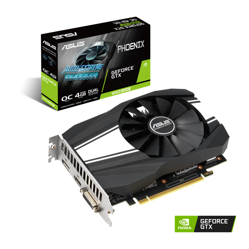 ASUS Phoenix GeForce GTX 1650 SUPER OC Edition 4GB GDDR6 packaging and graphics card with NVIDIA logo