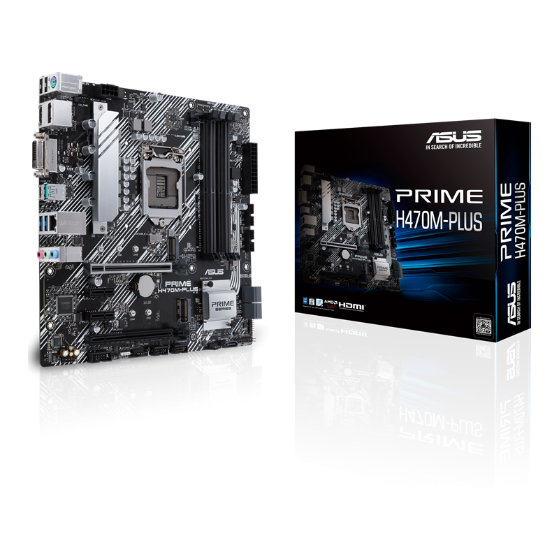 PRIME H470M-PLUS front view, 45 degrees, with color box
