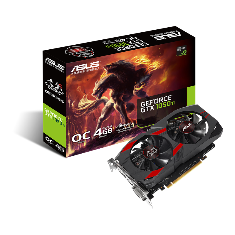 Cerberus GeForce GTX 1050 Ti OC Edition 4GB GDDR5 packaging and graphics card