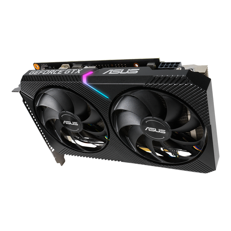 ASUS Dual GeForce GTX 1660 SUPER MINI OC edition 6GB GDDR6 graphics card, angled forward view, shocasing the ARGB element