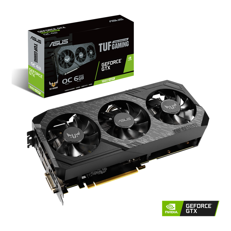 ASUS TUF Gaming X3 GeForce GTX 1660 SUPER OC edition 6GB GDDR6 Packaging and graphics card with NVIDIA logo