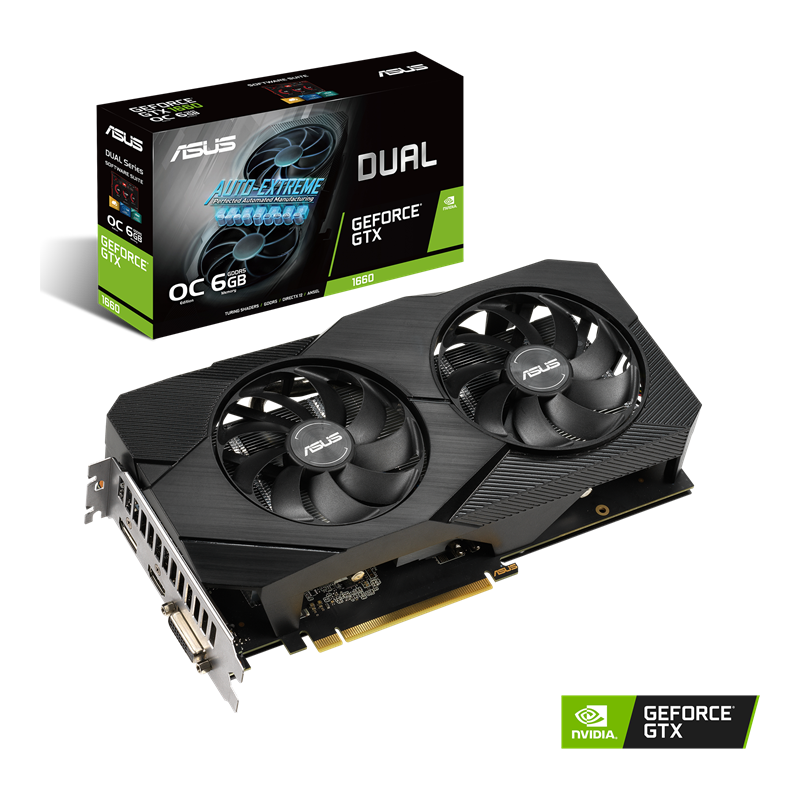 Dual GeForce GTX 1660 packaging and graphics card with NVIDIA logo